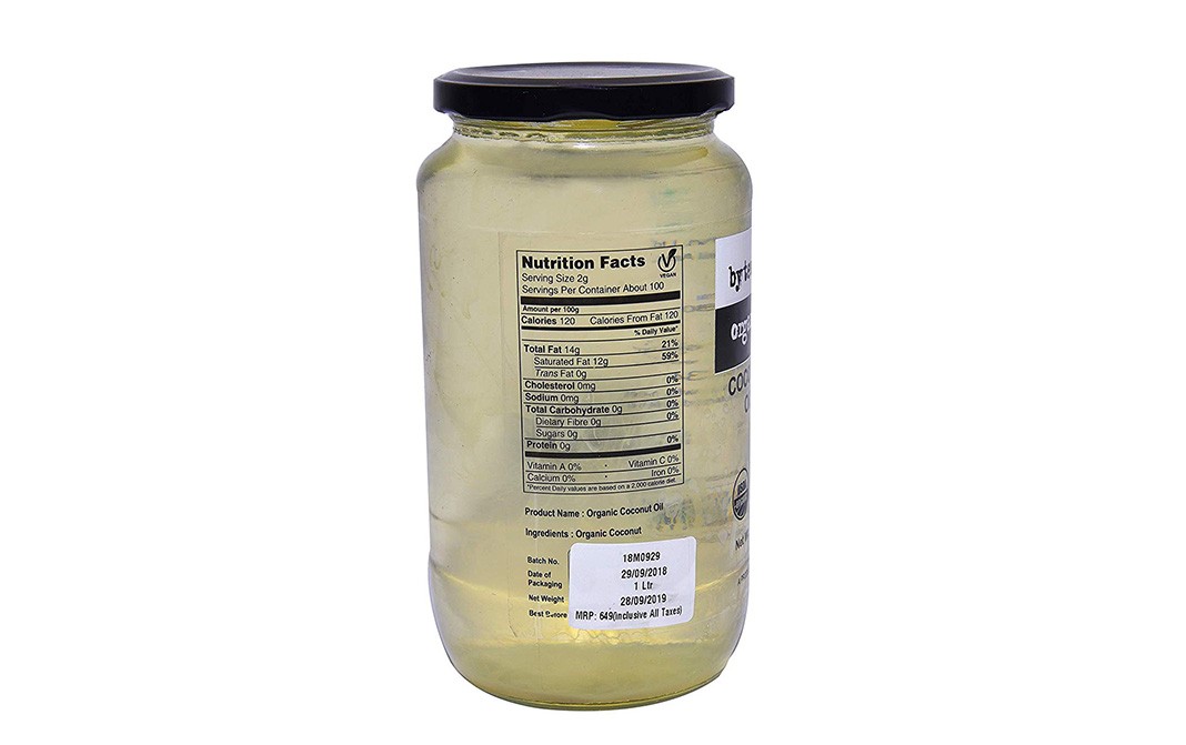 Bytewise Organic Coconut Oil    Glass Jar  1 litre